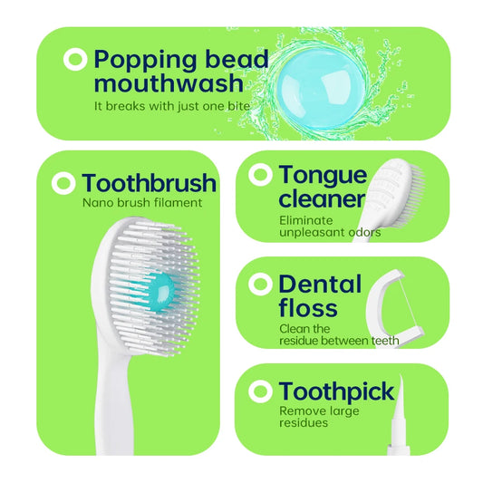 Portable and individually packaged 3-in-1 nano brush head toothbrush floss disposable toothbrush for adults on business trips