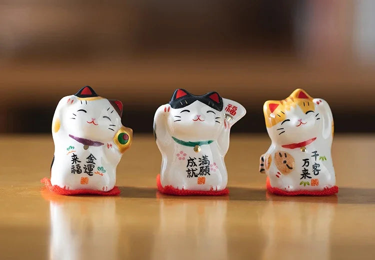 Mini Ceramic Lucky Fortune Cat Ornament Set