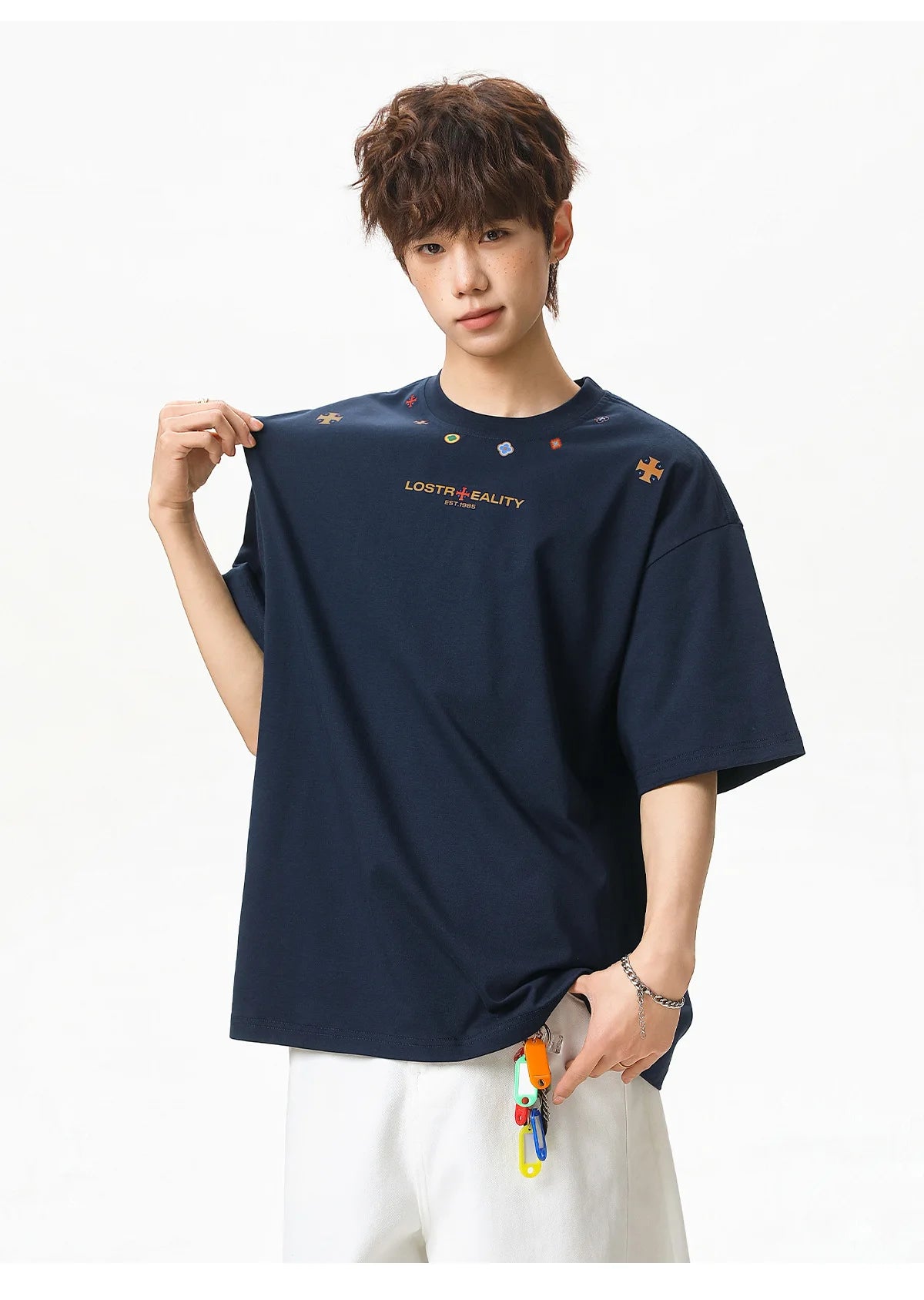 Textured Cotton T-Shirt with National Style Print