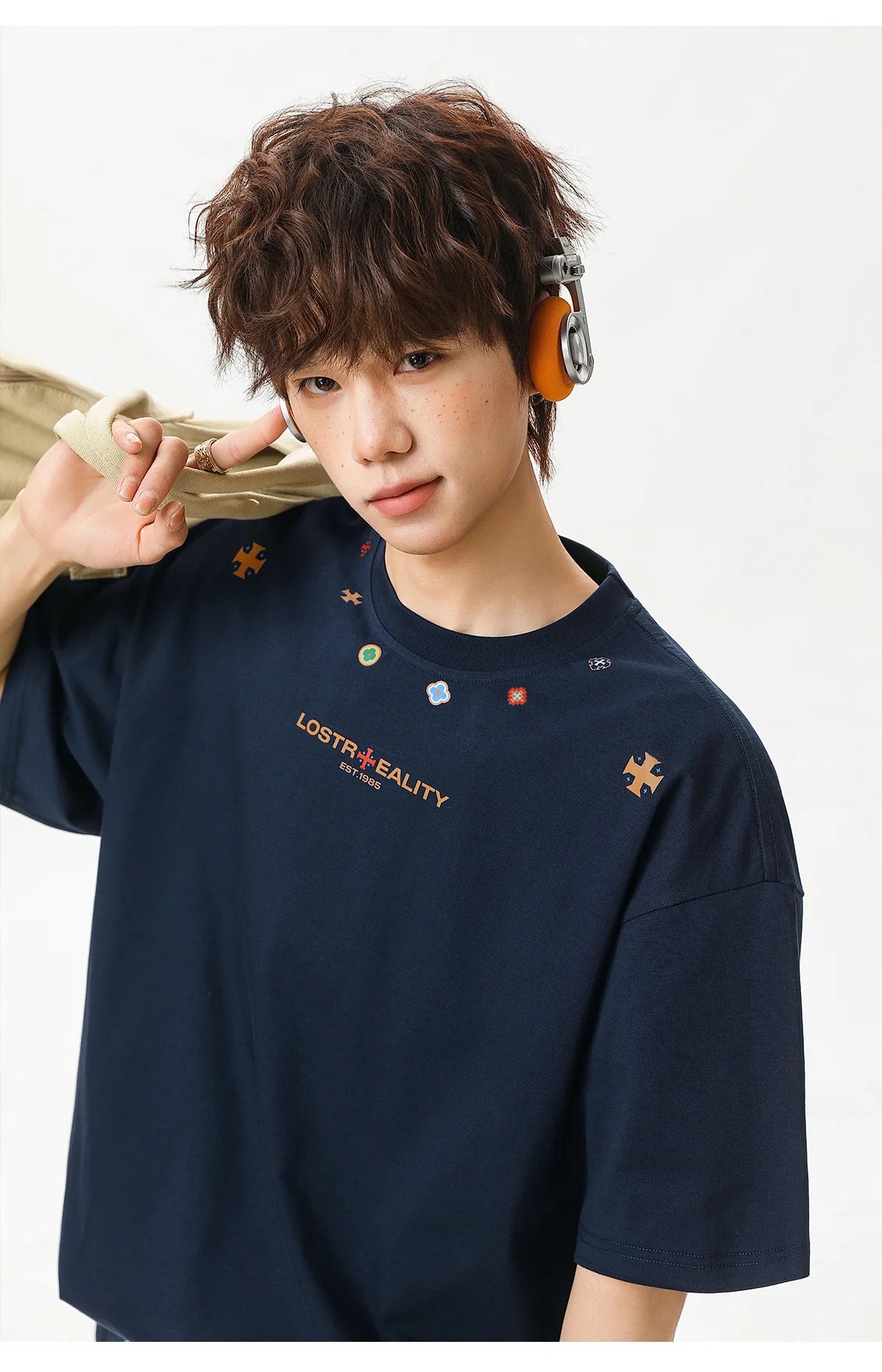 Textured Cotton T-Shirt with National Style Print