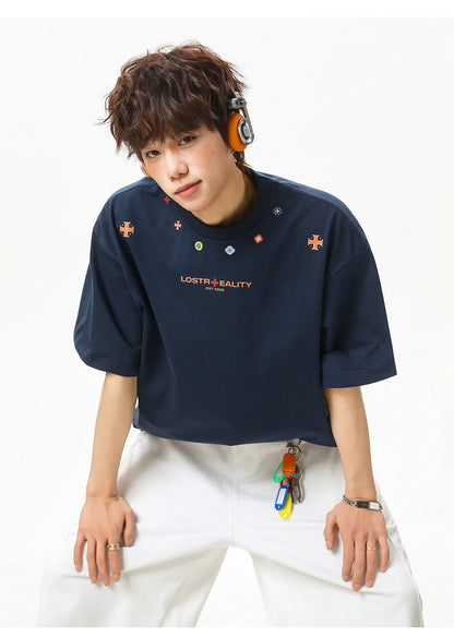 Textured Cotton T-Shirt with National Style Print