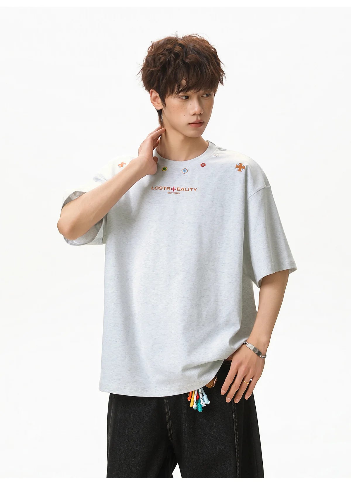 Textured Cotton T-Shirt with National Style Print