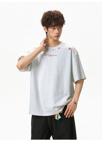 Textured Cotton T-Shirt with National Style Print