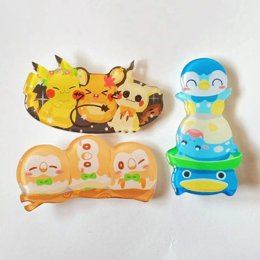 Pokémon acrylic hair clips: Popplio, Rowlet, Minccino fan-made merchandise hair clips and bangs clips.Cute, fun gift for friends
