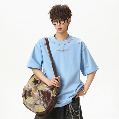 Textured Cotton T-Shirt with National Style Print