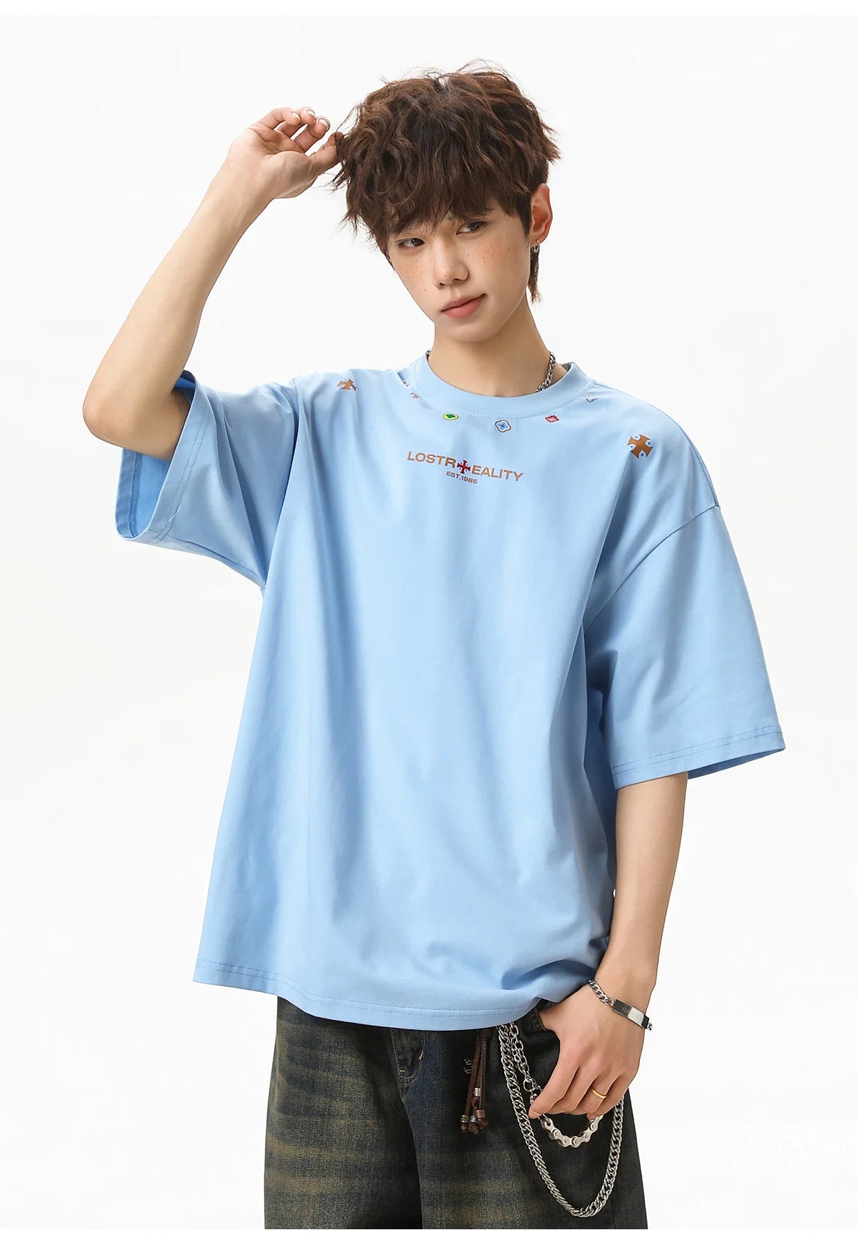Textured Cotton T-Shirt with National Style Print