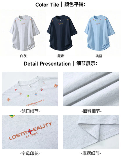 Textured Cotton T-Shirt with National Style Print
