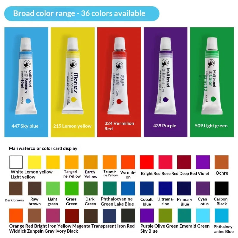 Marie's 36 Colors Watercolor Paint Set 12ml Aluminum Tube Single Refill Pigment for Artist Hand Painting Art Drawing Supplies