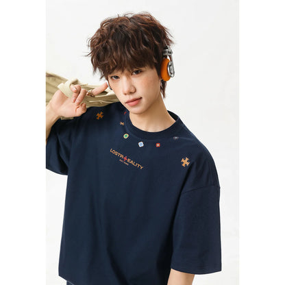 Textured Cotton T-Shirt with National Style Print