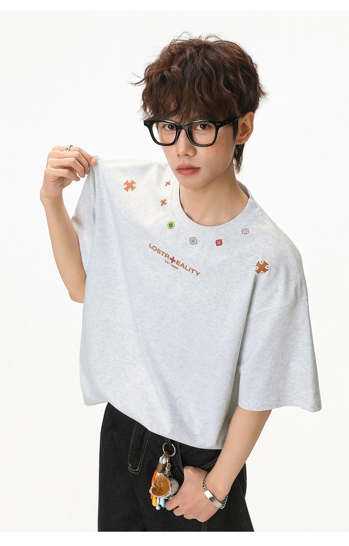 Textured Cotton T-Shirt with National Style Print