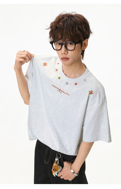 Textured Cotton T-Shirt with National Style Print