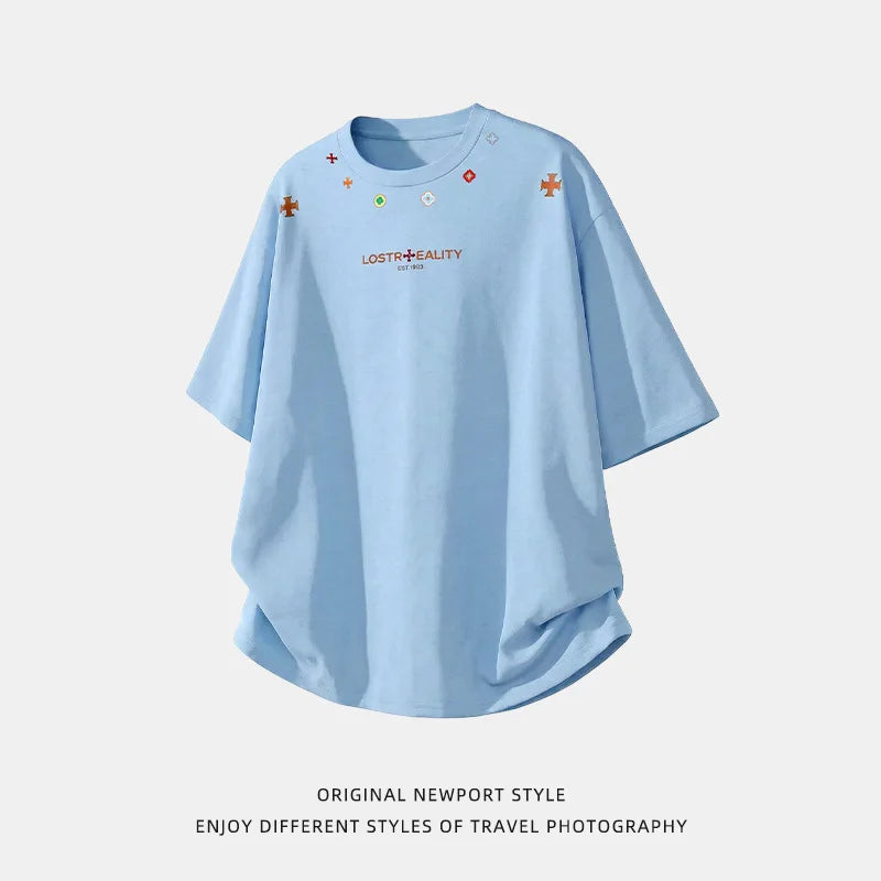 Textured Cotton T-Shirt with National Style Print