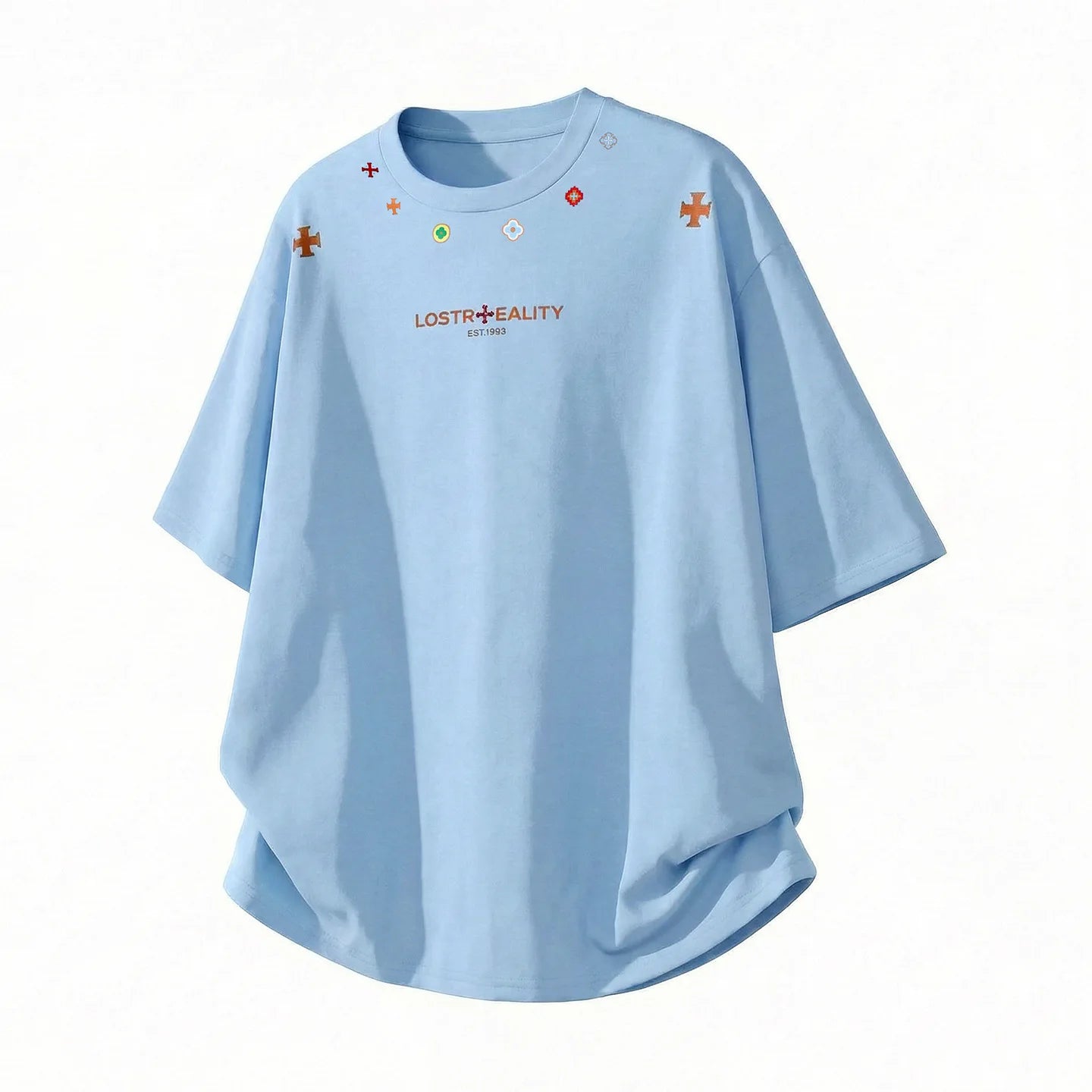 Textured Cotton T-Shirt with National Style Print