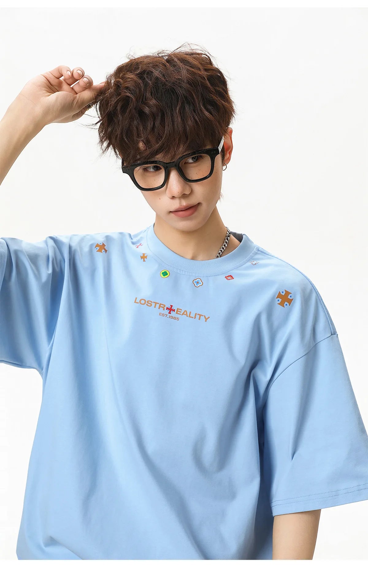 Textured Cotton T-Shirt with National Style Print