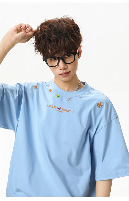 Textured Cotton T-Shirt with National Style Print