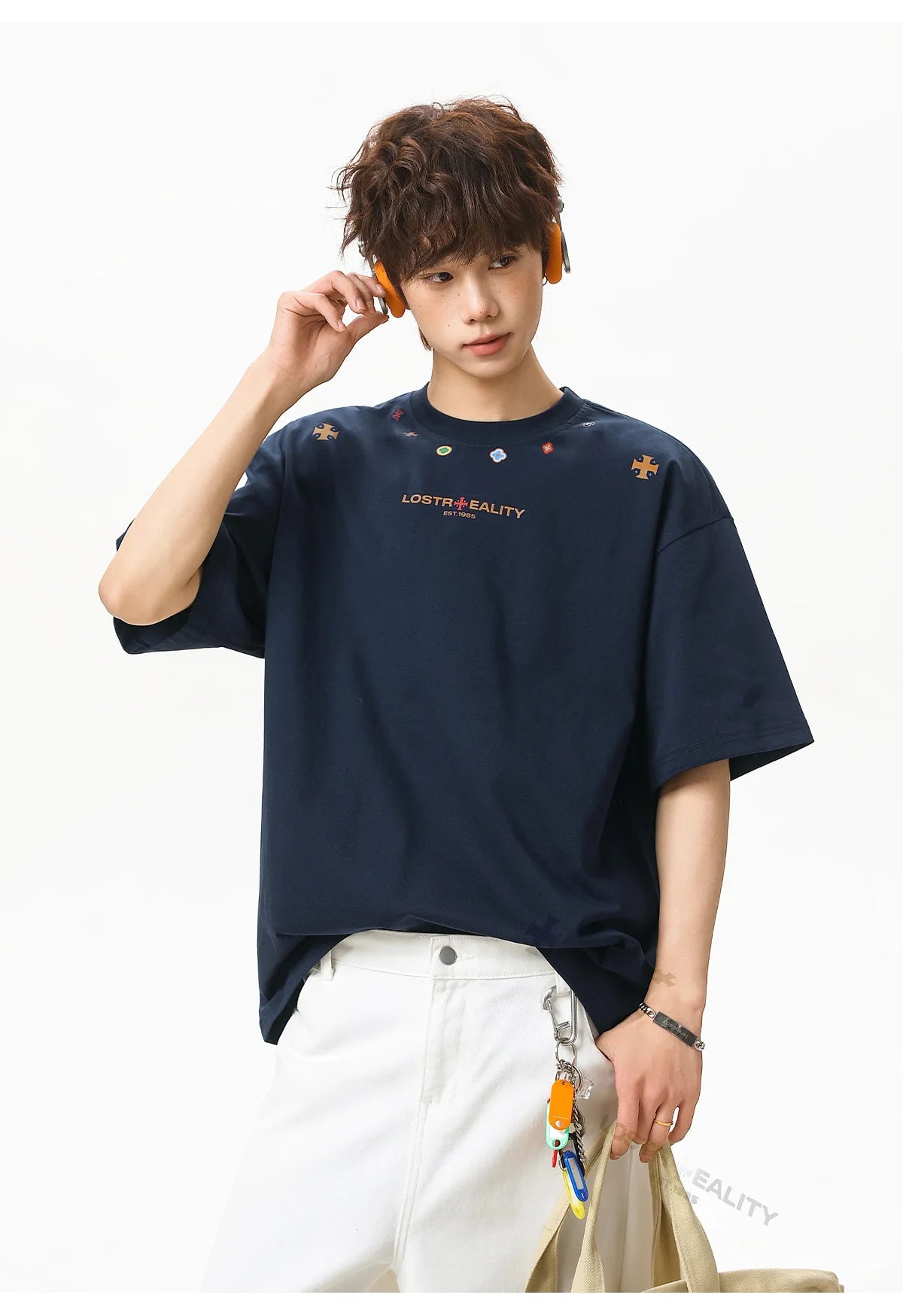 Textured Cotton T-Shirt with National Style Print