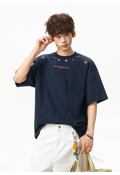 Textured Cotton T-Shirt with National Style Print