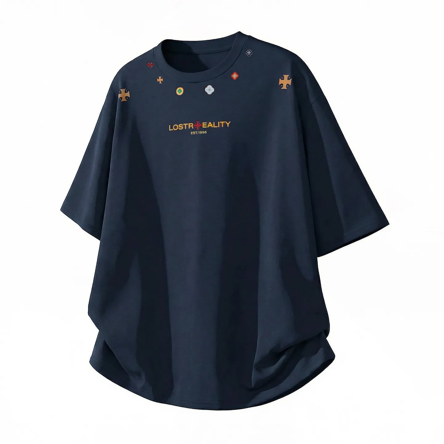 Textured Cotton T-Shirt with National Style Print