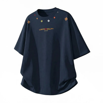 Textured Cotton T-Shirt with National Style Print