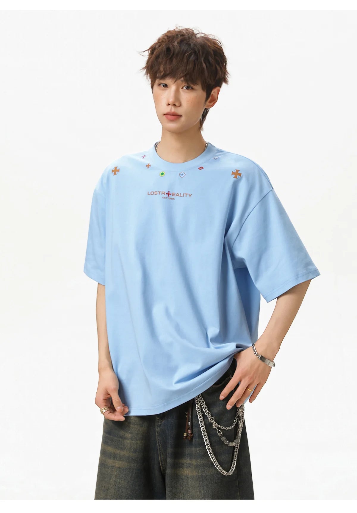 Textured Cotton T-Shirt with National Style Print