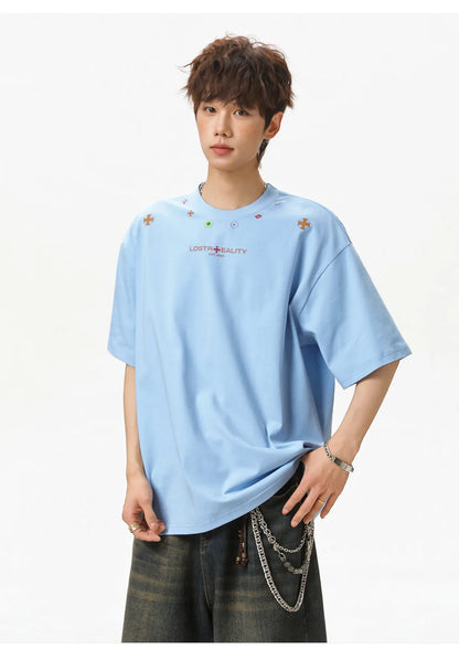 Textured Cotton T-Shirt with National Style Print