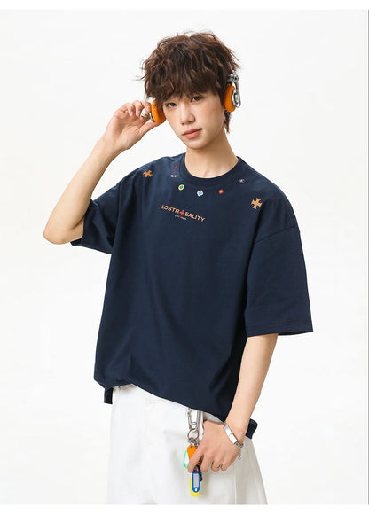 Textured Cotton T-Shirt with National Style Print