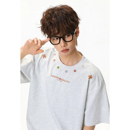 Textured Cotton T-Shirt with National Style Print
