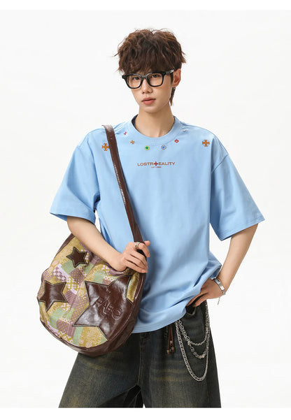Textured Cotton T-Shirt with National Style Print