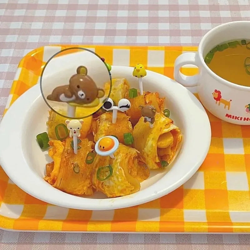 Kawaii Rilakkuma Mini Skewers Cartoon Relax Bear Lunch Bento Box Food Fruit Picks Fork Sticks Buffet Sandwich Toppers Decor Fork