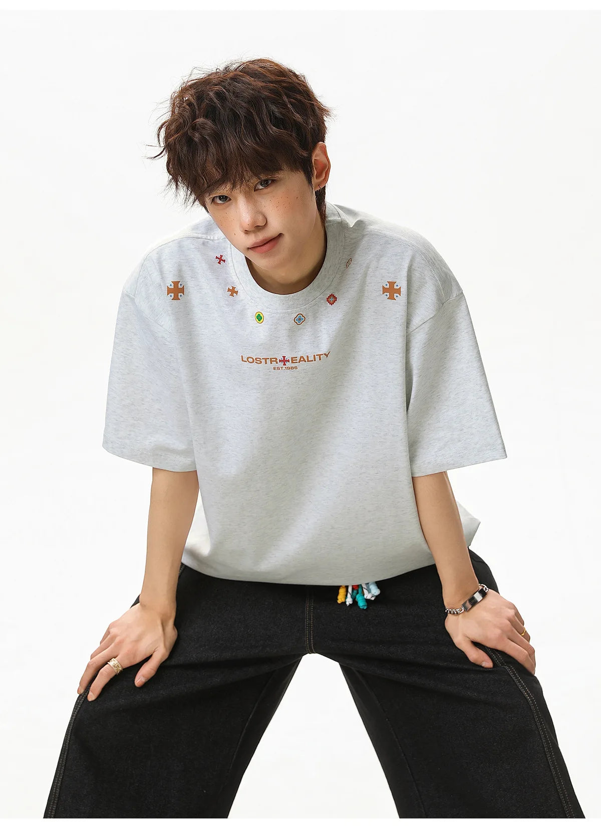 Textured Cotton T-Shirt with National Style Print