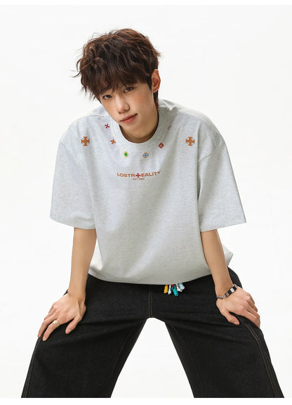 Textured Cotton T-Shirt with National Style Print