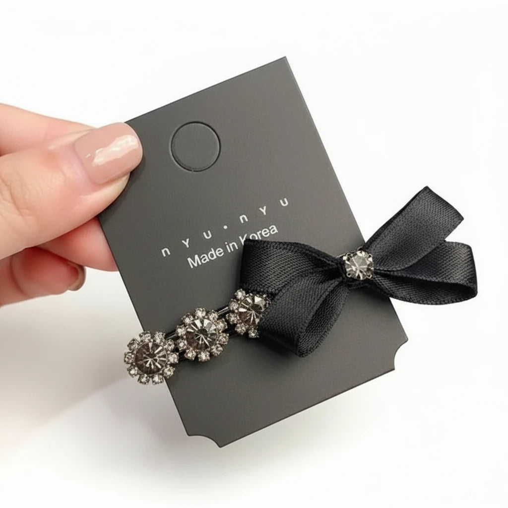nyunyu Black Bow Barrette with Rhinestones