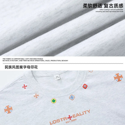 Textured Cotton T-Shirt with National Style Print
