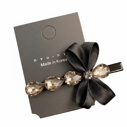 nyunyu Black Bow Barrette with Rhinestones