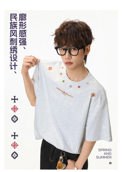 Textured Cotton T-Shirt with National Style Print
