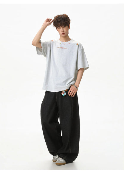 Textured Cotton T-Shirt with National Style Print