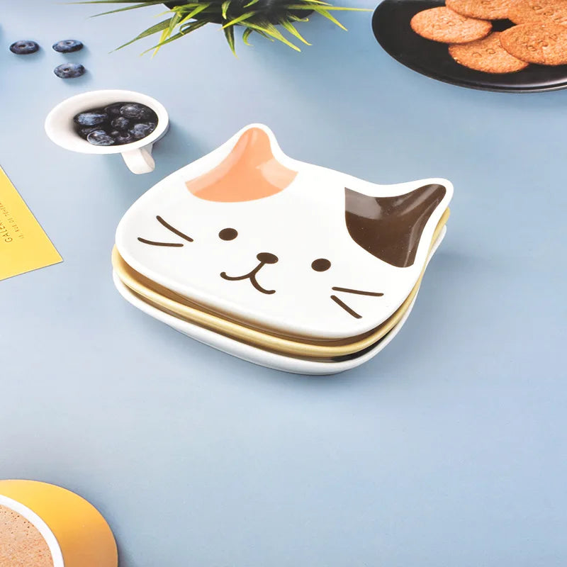 Japanese Ceramic Cartoon Cat Plate 6 Inches Cute Cat Face Snack Plate Children's Breakfast Cake Dish Home Kitchen Tableware