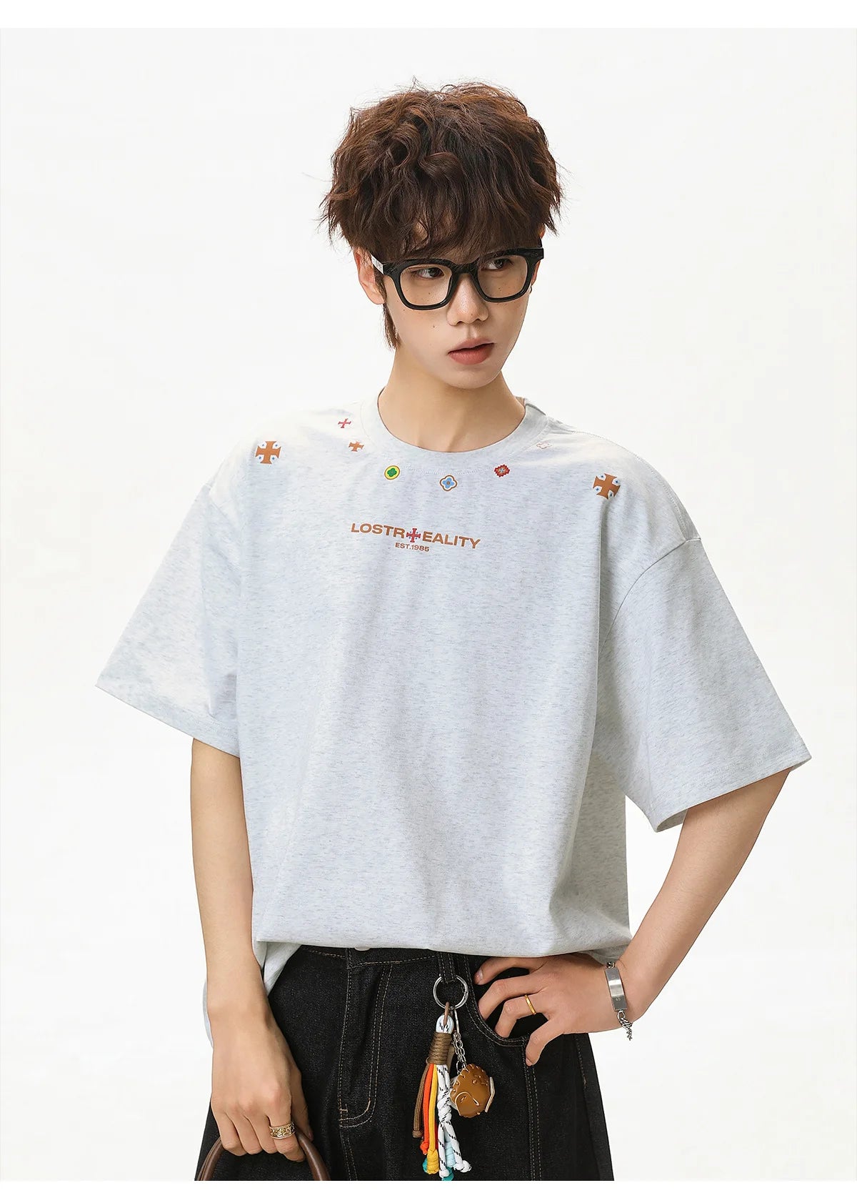 Textured Cotton T-Shirt with National Style Print