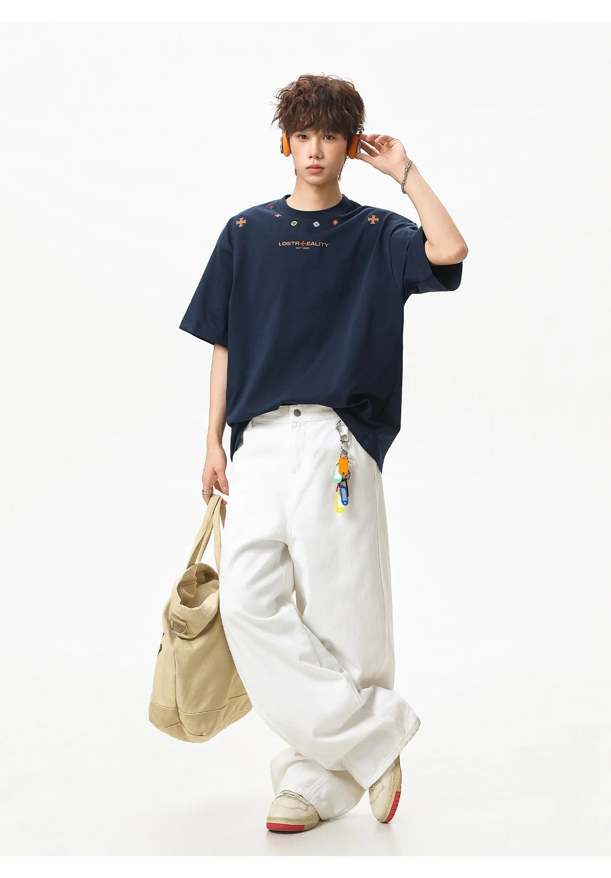 Textured Cotton T-Shirt with National Style Print