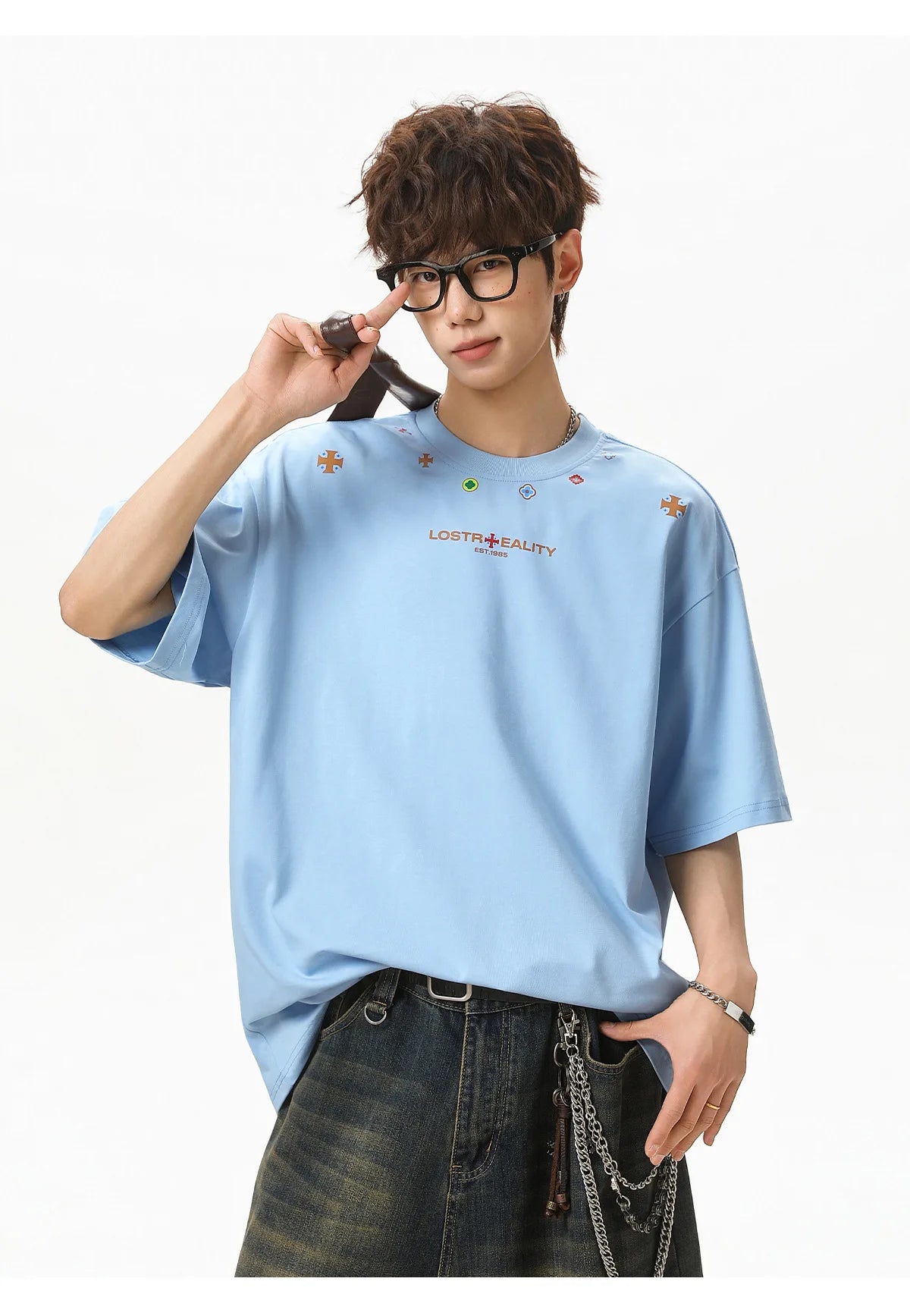 Textured Cotton T-Shirt with National Style Print