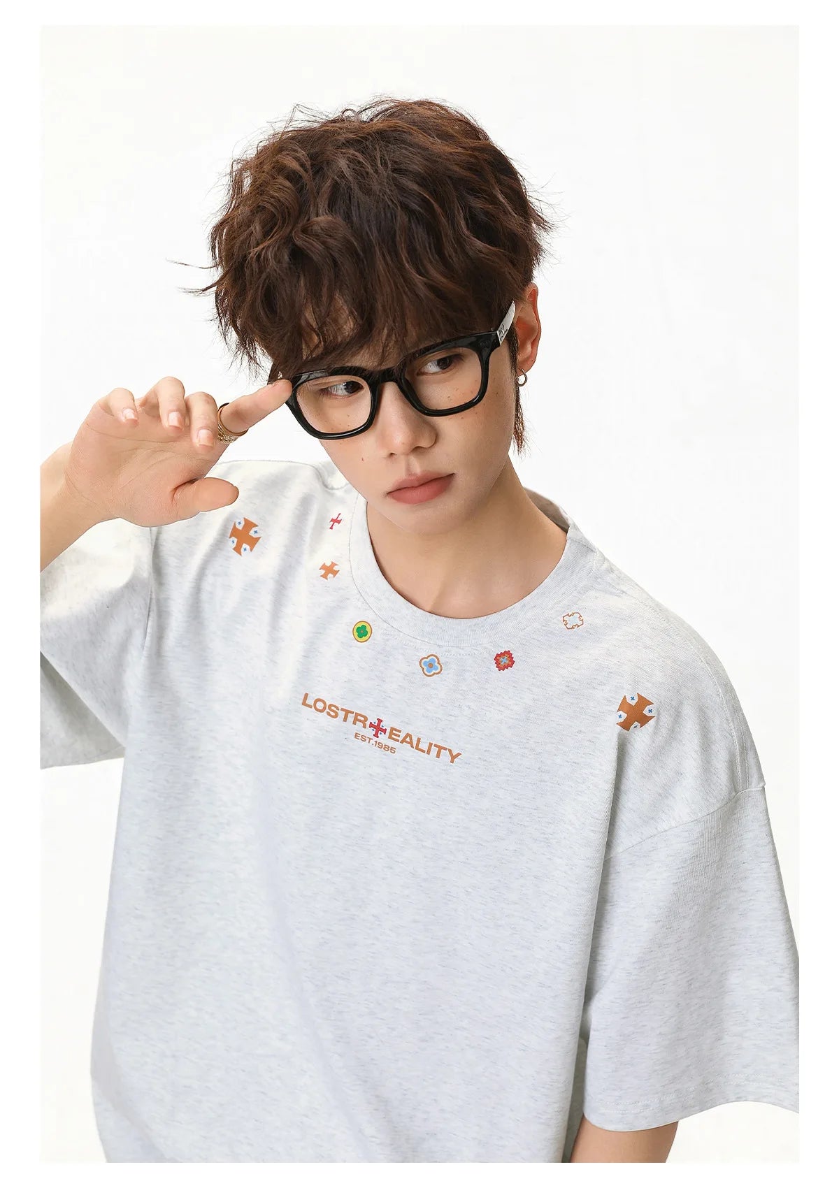 Textured Cotton T-Shirt with National Style Print