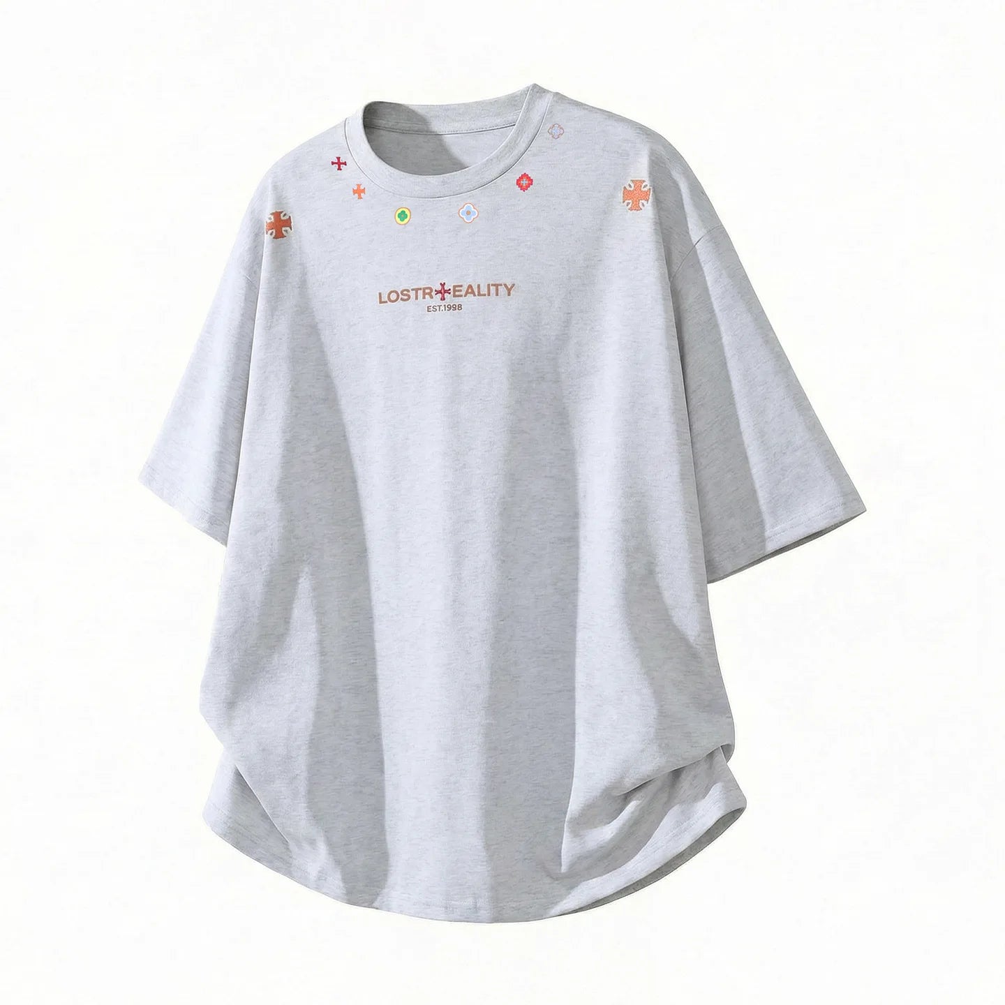 Textured Cotton T-Shirt with National Style Print