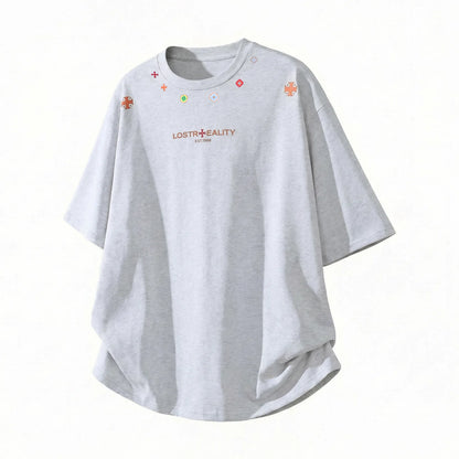 Textured Cotton T-Shirt with National Style Print