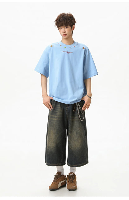 Textured Cotton T-Shirt with National Style Print