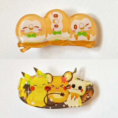 Pokémon acrylic hair clips: Popplio, Rowlet, Minccino fan-made merchandise hair clips and bangs clips.Cute, fun gift for friends